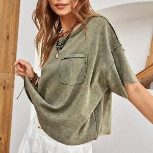 Green Boho Womens Stitching Detail Drop Shoulder T-Shirt
